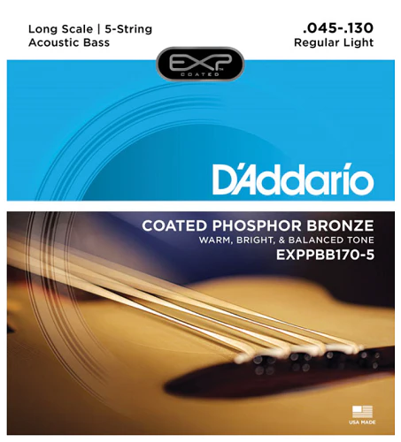 D'Addario Coated Phosphor Bronze 5-String, Long Scale, 45-130 Acoustic Bass Guitar Strings