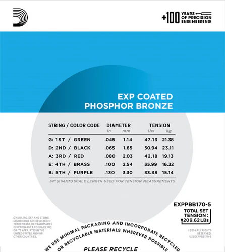 D'Addario Coated Phosphor Bronze 5-String, Long Scale, 45-130 Acoustic Bass Guitar Strings - Image 3