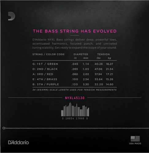 D'Addario Long Scale, Regular Light 5-String, 45-130 Bass Guitar Strings - Image 2