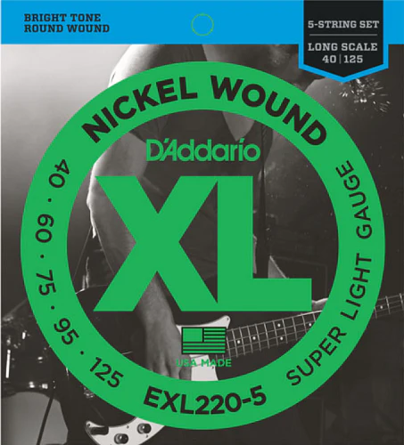 D'Addario Nickel Wound 5-String Bass, Super Light, 40-125, Long Scale, Bass Guitar String