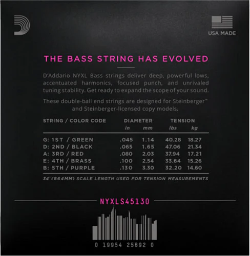 D'Addario NYXL 5-String, Long Scale, Regular Light, Double Ball END, 45-130 Bass Guitar Strings - Image 2
