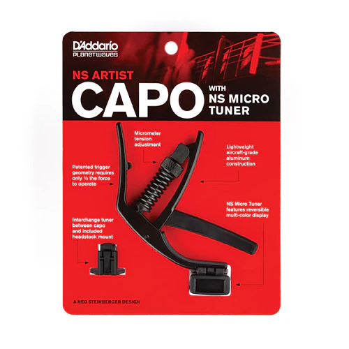 D'Addario Planet Waves NS Artist Capo for Electric and Acoustic Guitar with NS Micro Headstock Tuner - Image 2
