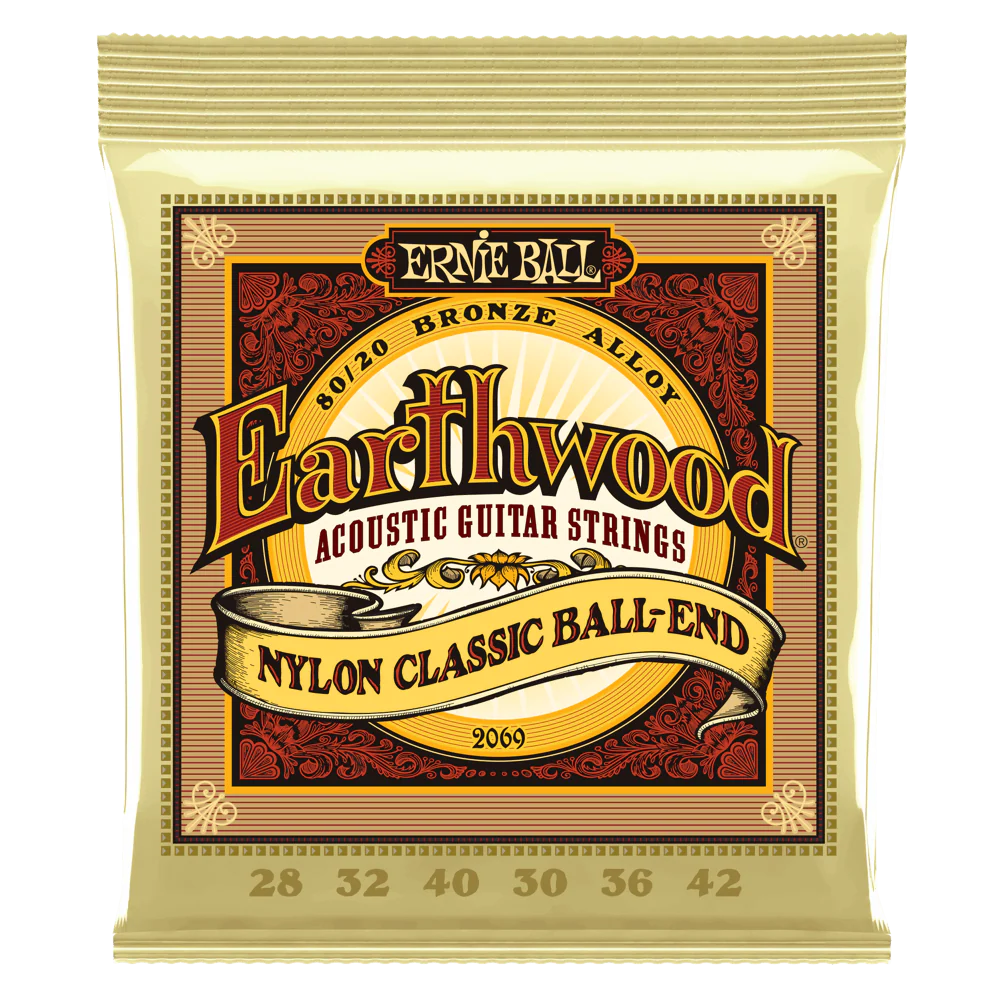 Ernie Ball Earthwood Folk Nylon - Clear & Gold Ball End - 80/20 Bronze Acoustic Guitar Strings - 28-42 Gauge - 2069